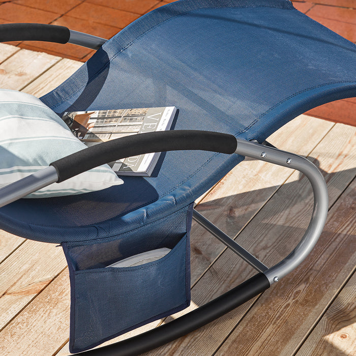 SoBuy Lettino Sdraio da Giardino a Dondolo - Sedia a Dondolo da Esterno in Textilene Blu Navy con Telaio in Metallo, 150x63x87cm, Lettino Prendisole per Terrazza, Piscina, Patio, OGS28-NB