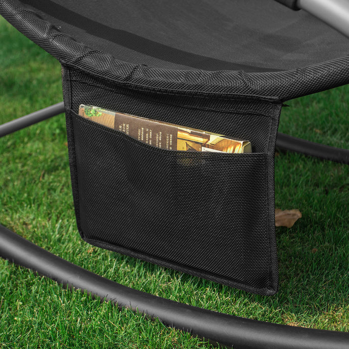 SoBuy Lettino Sdraio da Giardino a Dondolo - Sedia a Dondolo da Esterno in Textilene Nero con Telaio in Metallo, 150x63x87cm, Lettino Prendisole per Terrazza, Piscina, Patio, OGS28-SCH