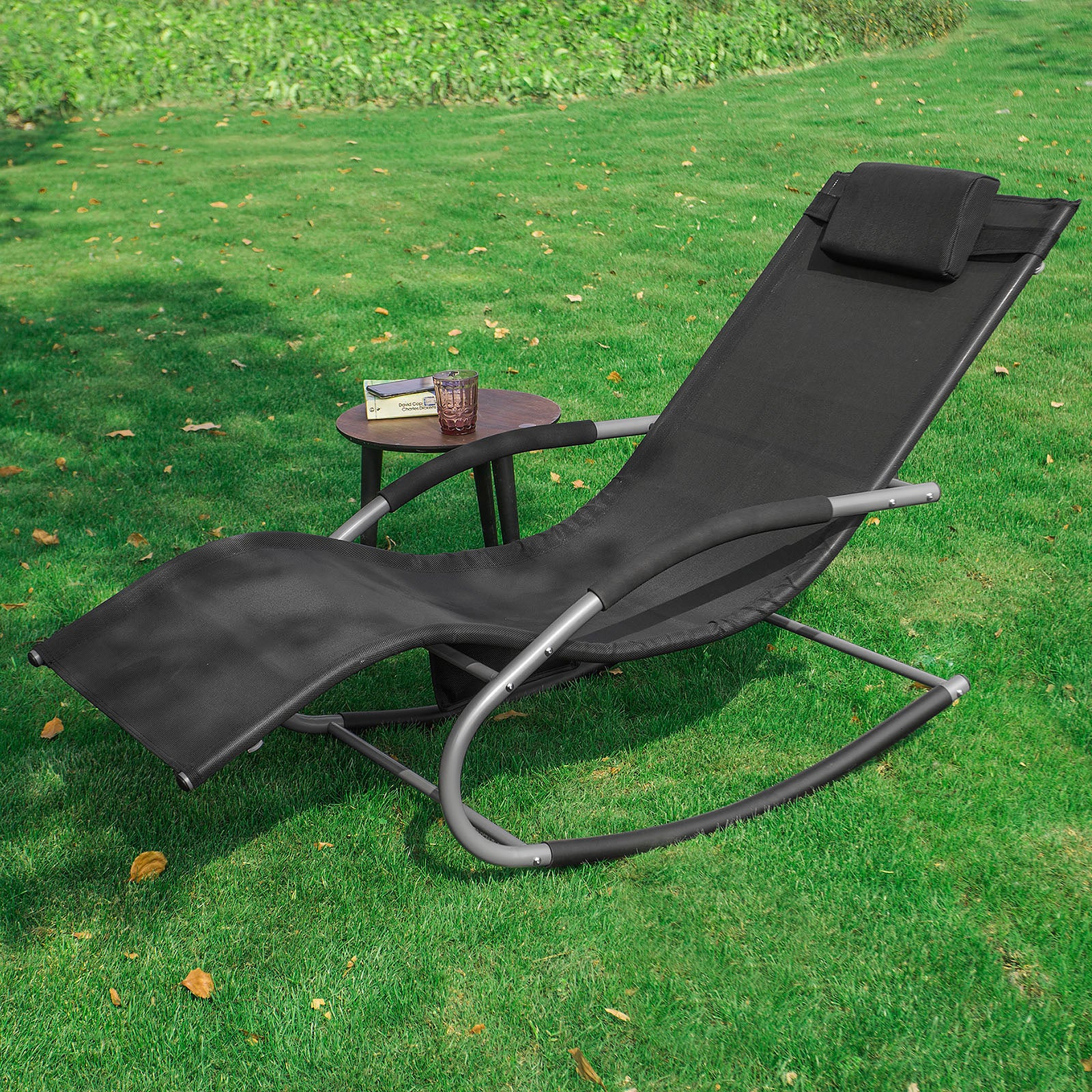 SoBuy Lettino Sdraio da Giardino a Dondolo - Sedia a Dondolo da Esterno in Textilene Nero con Telaio in Metallo, 150x63x87cm, Lettino Prendisole per Terrazza, Piscina, Patio, OGS28-SCH