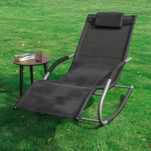 SoBuy Lettino Sdraio da Giardino a Dondolo - Sedia a Dondolo da Esterno in Textilene Nero con Telaio in Metallo, 150x63x87cm, Lettino Prendisole per Terrazza, Piscina, Patio, OGS28-SCH