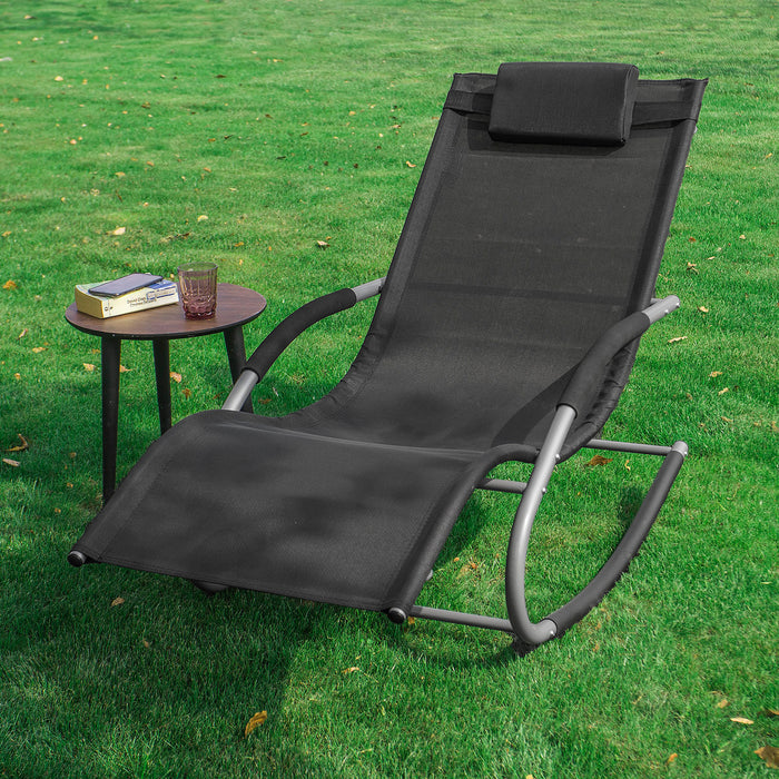 SoBuy Lettino Sdraio da Giardino a Dondolo - Sedia a Dondolo da Esterno in Textilene Nero con Telaio in Metallo, 150x63x87cm, Lettino Prendisole per Terrazza, Piscina, Patio, OGS28-SCH