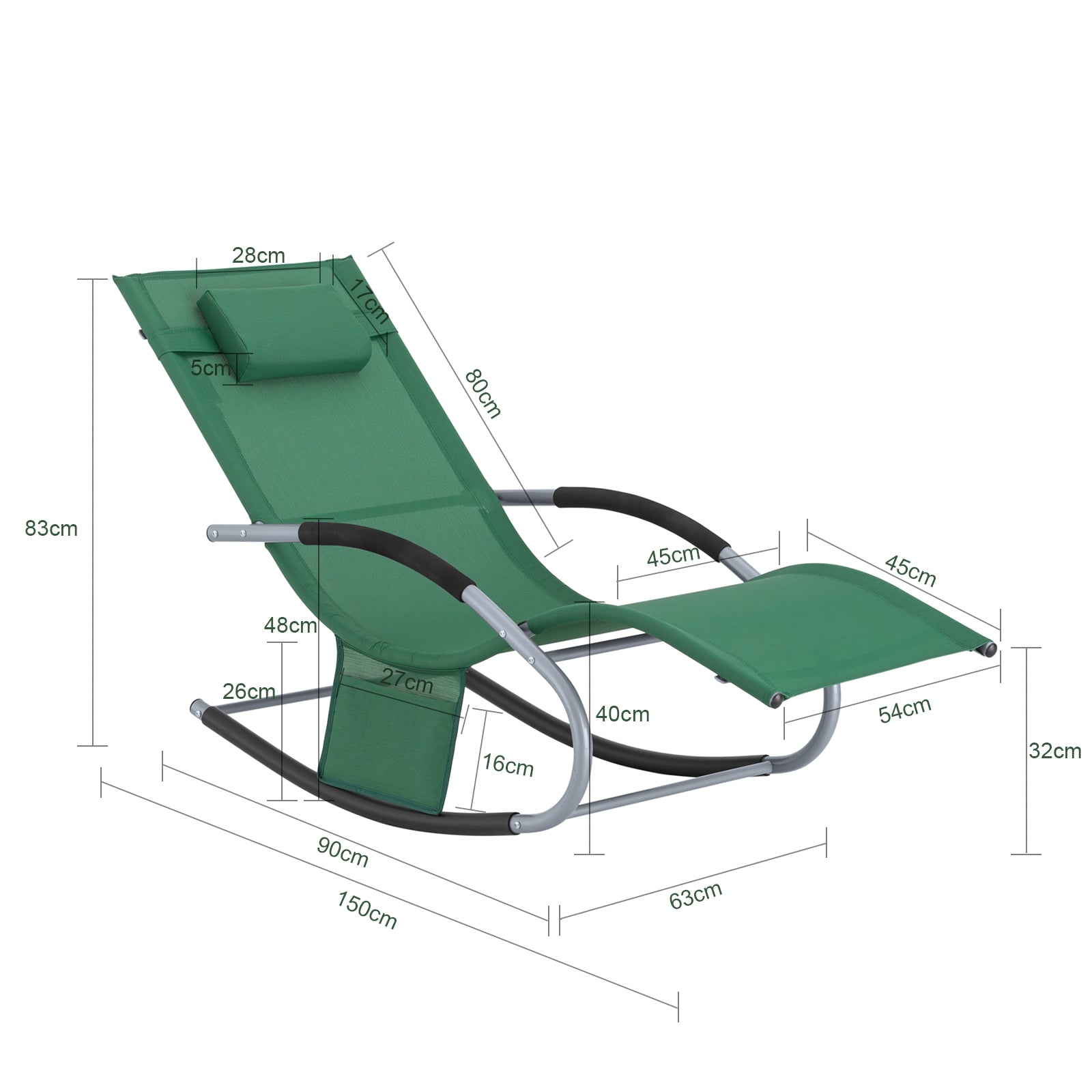 SoBuy Lettino Sdraio da Giardino a Dondolo - Sedia a Dondolo da Esterno in Textilene Verde Scuro con Telaio in Metallo, 150x63x87cm, Lettino Prendisole per Terrazza, Piscina, Patio, OGS28-WD