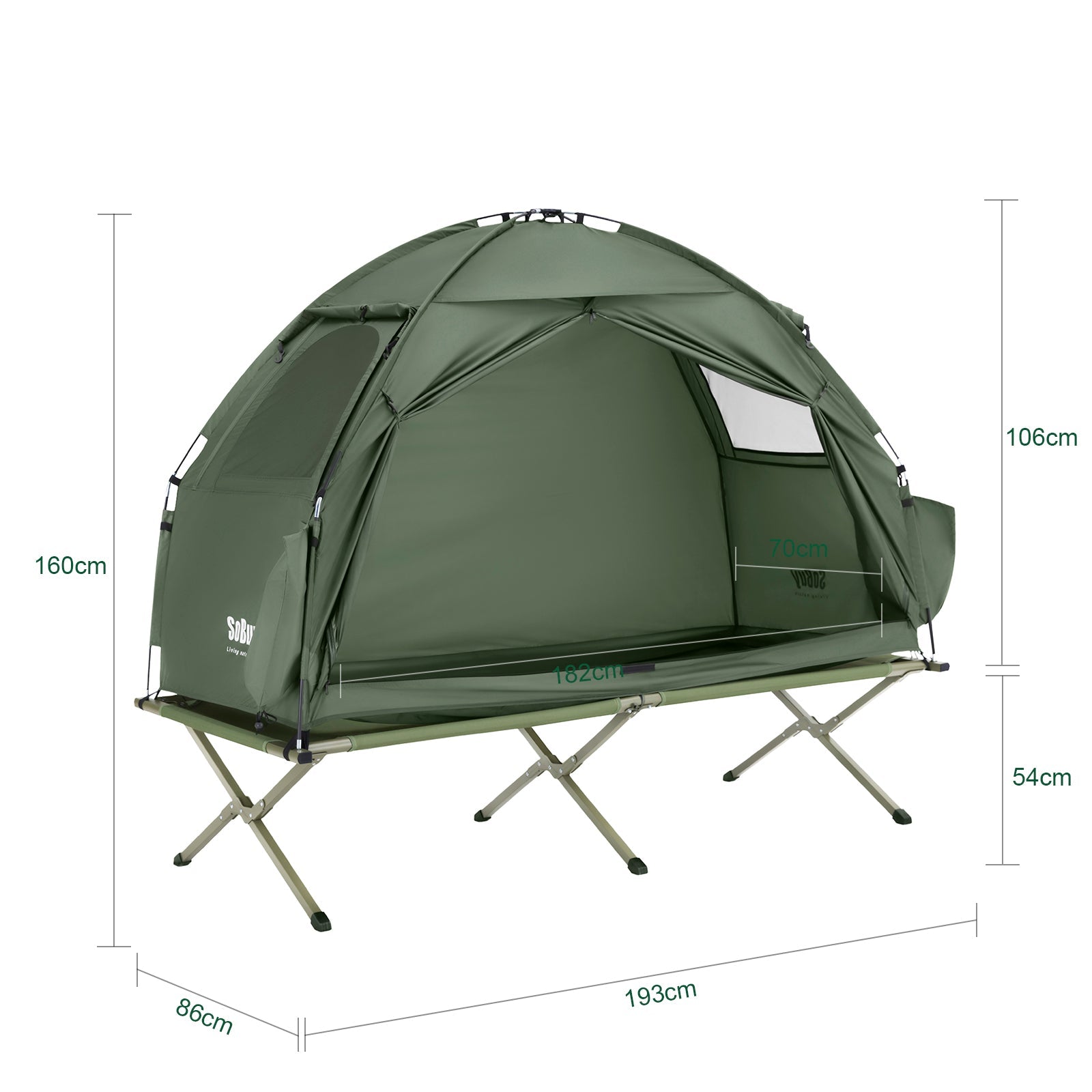 SoBuy Lettino da campeggio Brandina da campeggio Tenda da esterno con gancio per lampada e tasche porta scarpe Tenda 3 in 1 per 1 persona Pratica 193x86x160 cm OGS32-II-GR