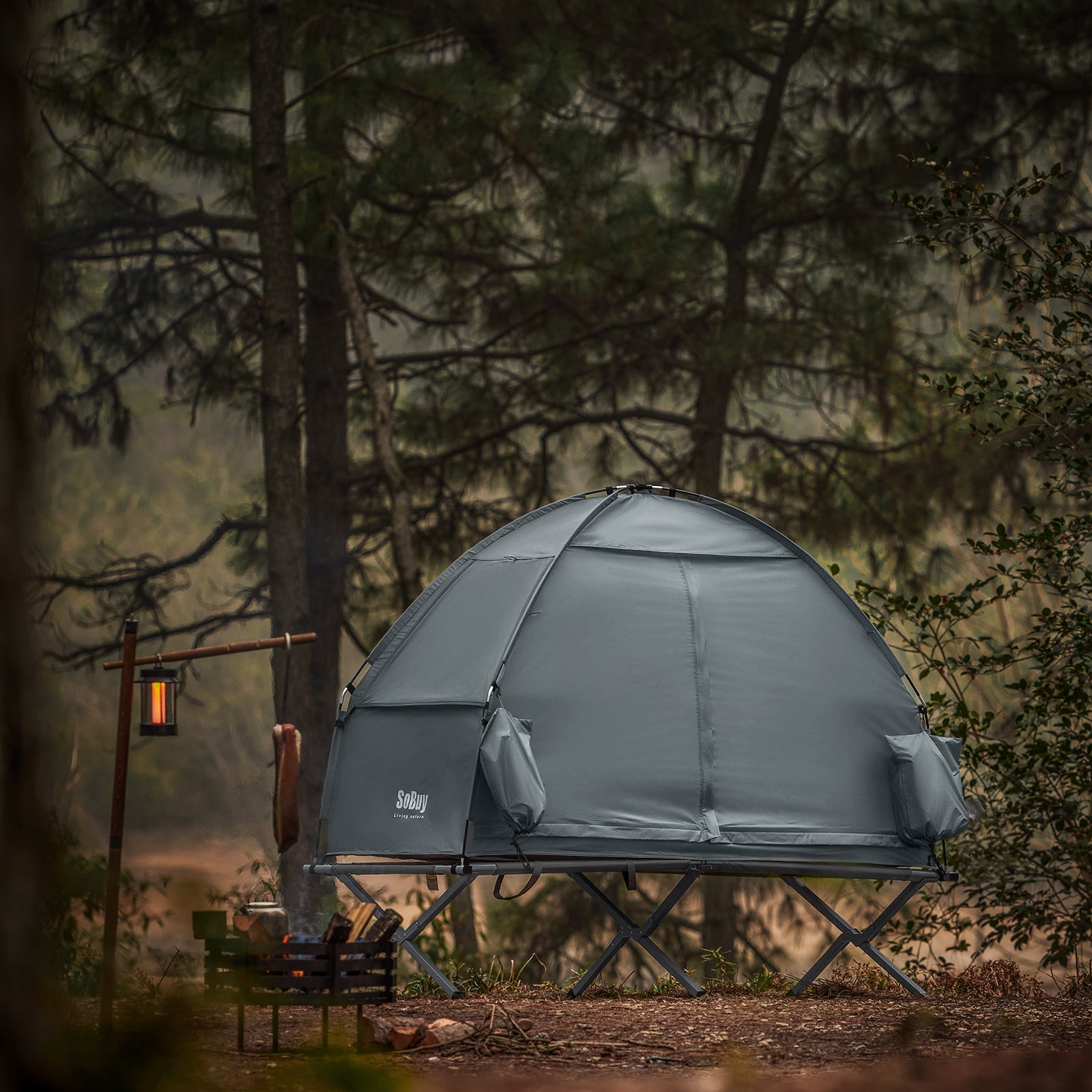 SoBuy Lettino da campeggio Brandina da campeggio Tenda da esterno con gancio per lampada e tasche porta scarpe Tenda 3 in 1 per 1 persona Pratica 193x86x160 cm OGS32-II-HG