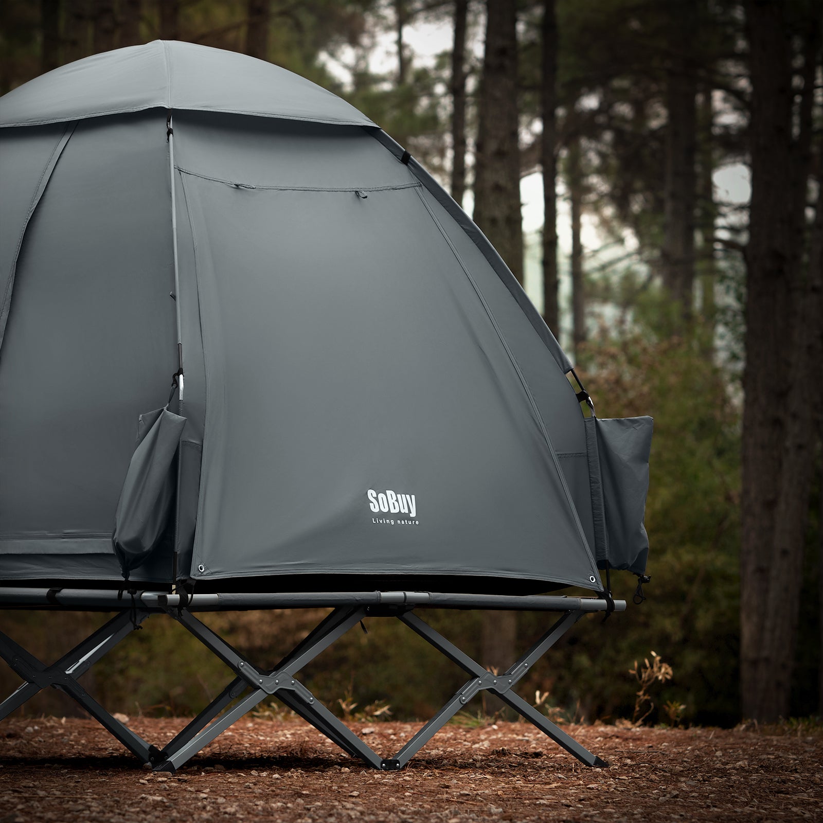 SoBuy Lettino da campeggio Brandina da esterno Tenda antipioggia portatile Starry Sky con tasche porta scarpe Tenda 3 in 1 per 2 persone Grigio 193x145x188 cm OGS32-L-HG