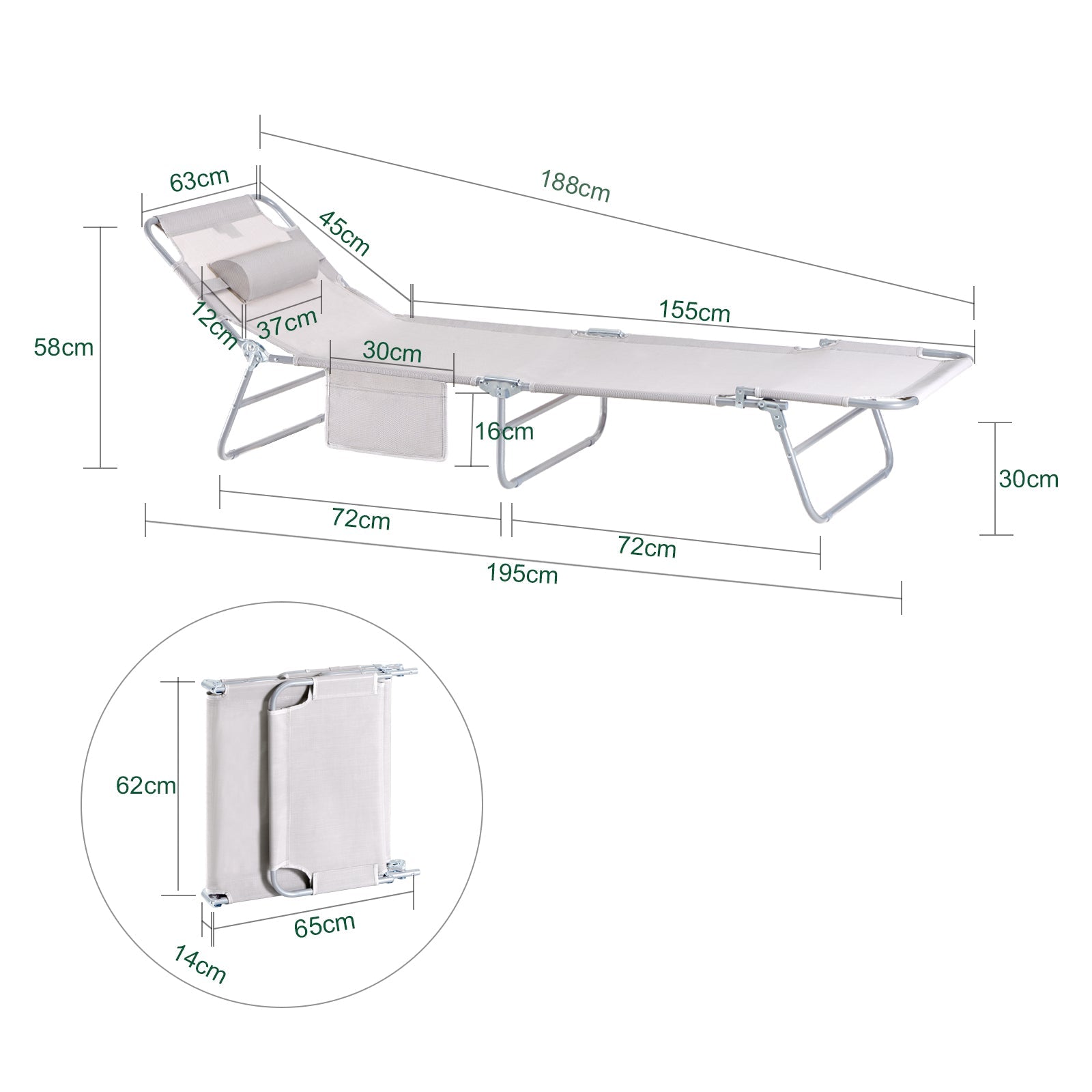 Sdraio pieghevole,lettino prendisole,schienale reclinabile,2 pezzi, Beige OGS35-MIx2