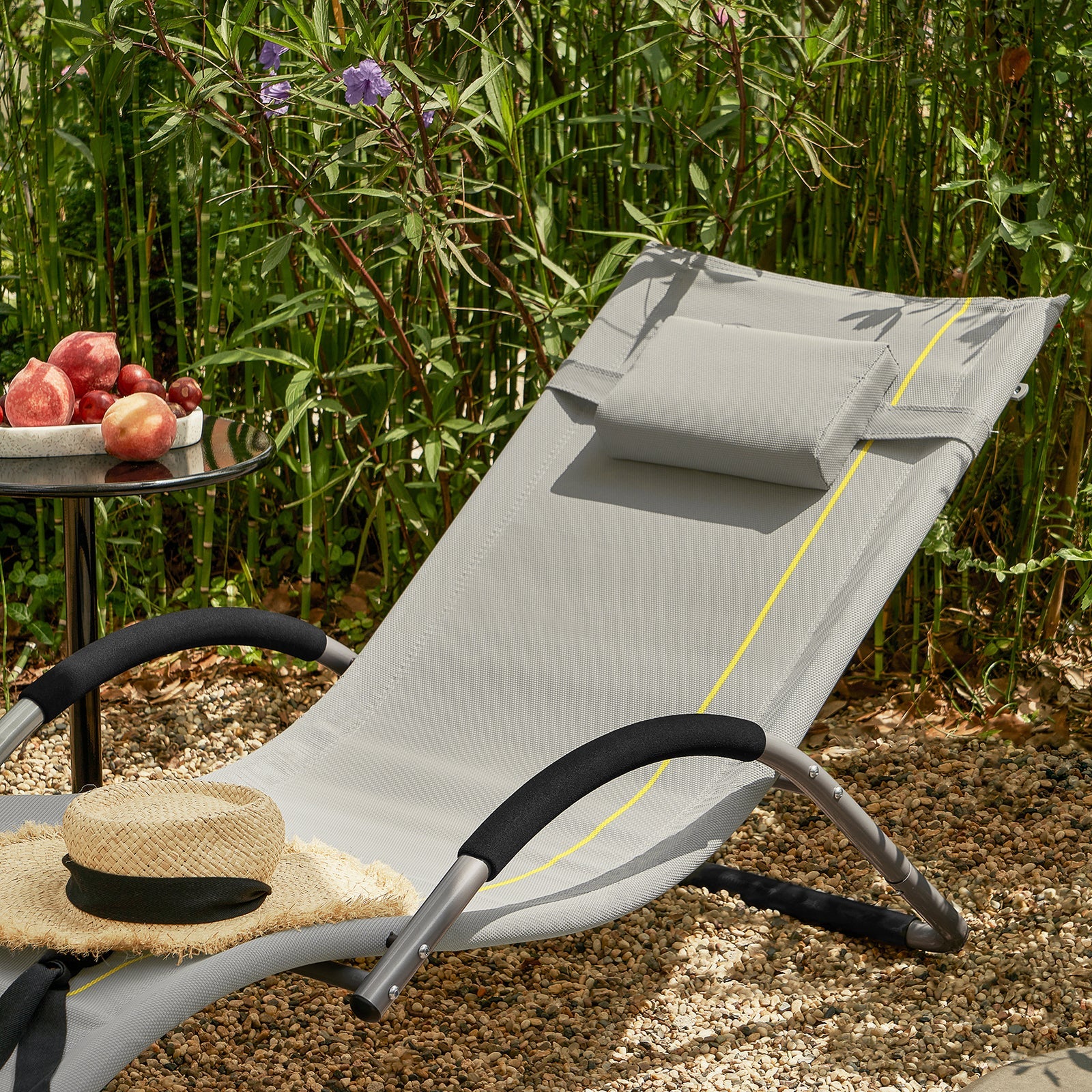 Sedia Sdraio Lettino da Giardino in Verniciato a Polvere Ferro e Tessuto di teslin, Grigio, OGS38-HG