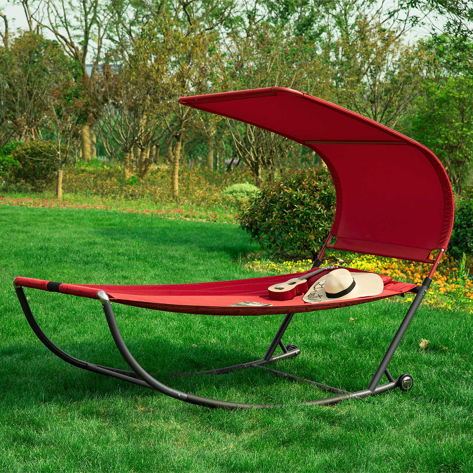 Lettino da Giardino con Ruote Poltrona a Dondolo Sdraio Giardino Letto Singolo Max. 200 kg L97*P207 cm Rosso OGS44-R