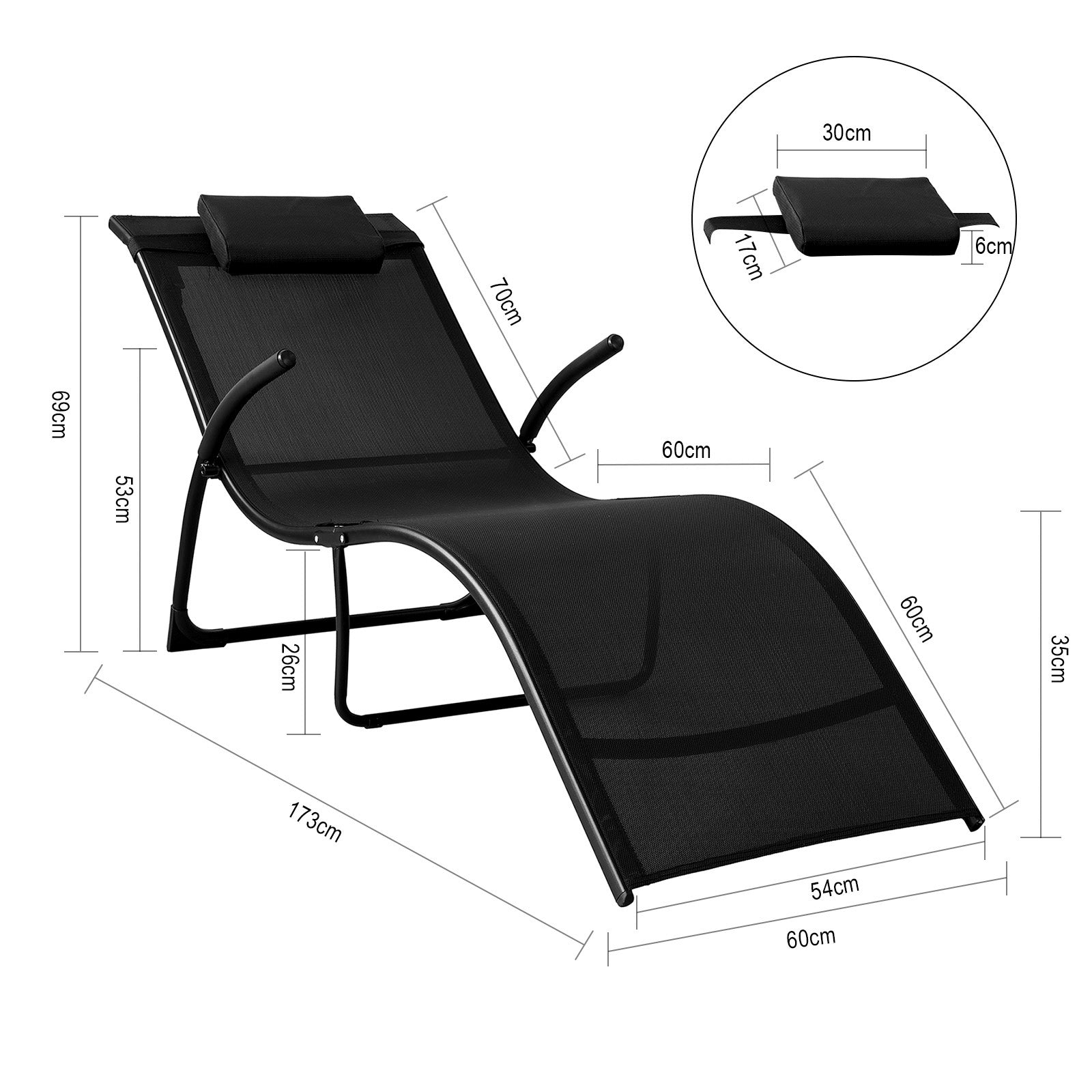 SoBuy Sdraio pieghevole Lettino prendisole Sedia con poggiatesta Sdraio per esterni giardino spiaggia Sedia da campeggio Nero 173x60x69 cm OGS45-SCH