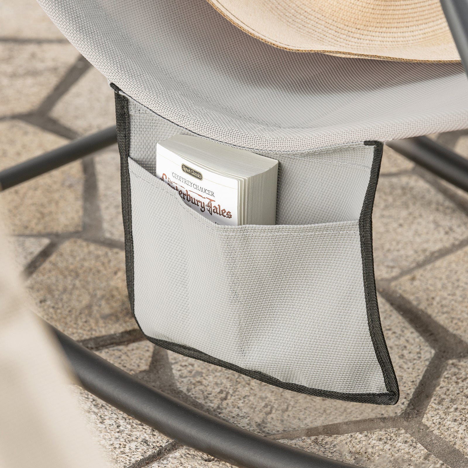 SoBuy Dondolo da Giardino Sedia a Dondolo da Esterno Lettino Prendisole con Tasca Laterale Poltrona da Giardino Sdraio per Patio Balcone Campeggio Spiaggia Grigio 143x57x85 cm OGS47-HG