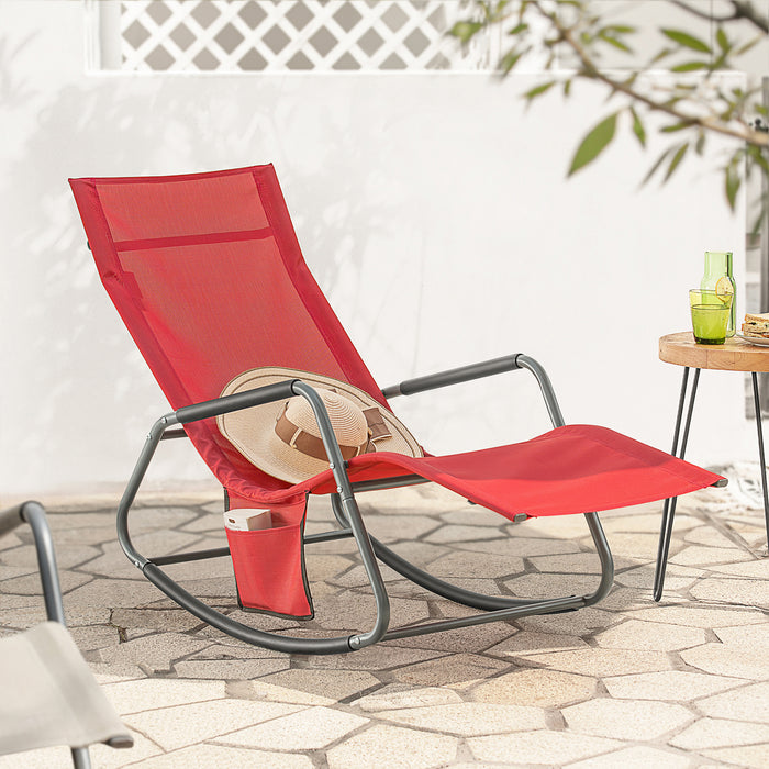 SoBuy Dondolo da Giardino Sedia a Dondolo da Esterno Lettino Prendisole con Tasca Laterale Poltrona da Giardino Sdraio per Patio Balcone Campeggio Spiaggia Rosso 143x57x85 cm OGS47-R