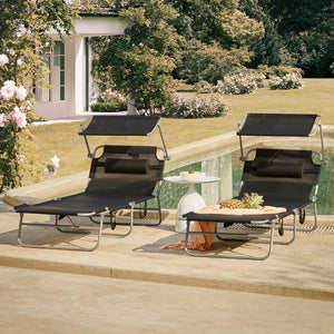 2 pezzi Lettino Prendisole Pieghevole Cuscino e Tettuccio Regolabile 4 Angoli di Reclinazione Nero OGS48-SCHx2