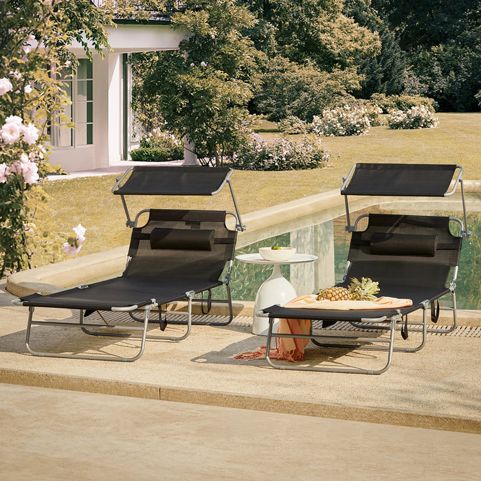 2 pezzi Lettino Prendisole Pieghevole Cuscino e Tettuccio Regolabile 4 Angoli di Reclinazione Nero OGS48-SCHx2