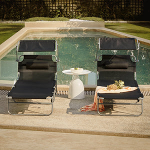 2 pezzi Lettino Prendisole Pieghevole Cuscino e Tettuccio Regolabile 4 Angoli di Reclinazione Nero OGS48-SCHx2