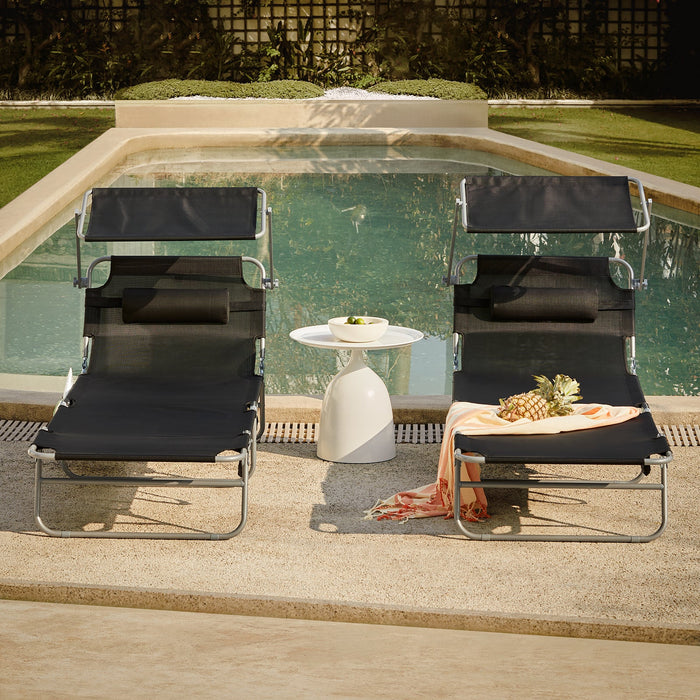 2 pezzi Lettino Prendisole Pieghevole Cuscino e Tettuccio Regolabile 4 Angoli di Reclinazione Nero OGS48-SCHx2