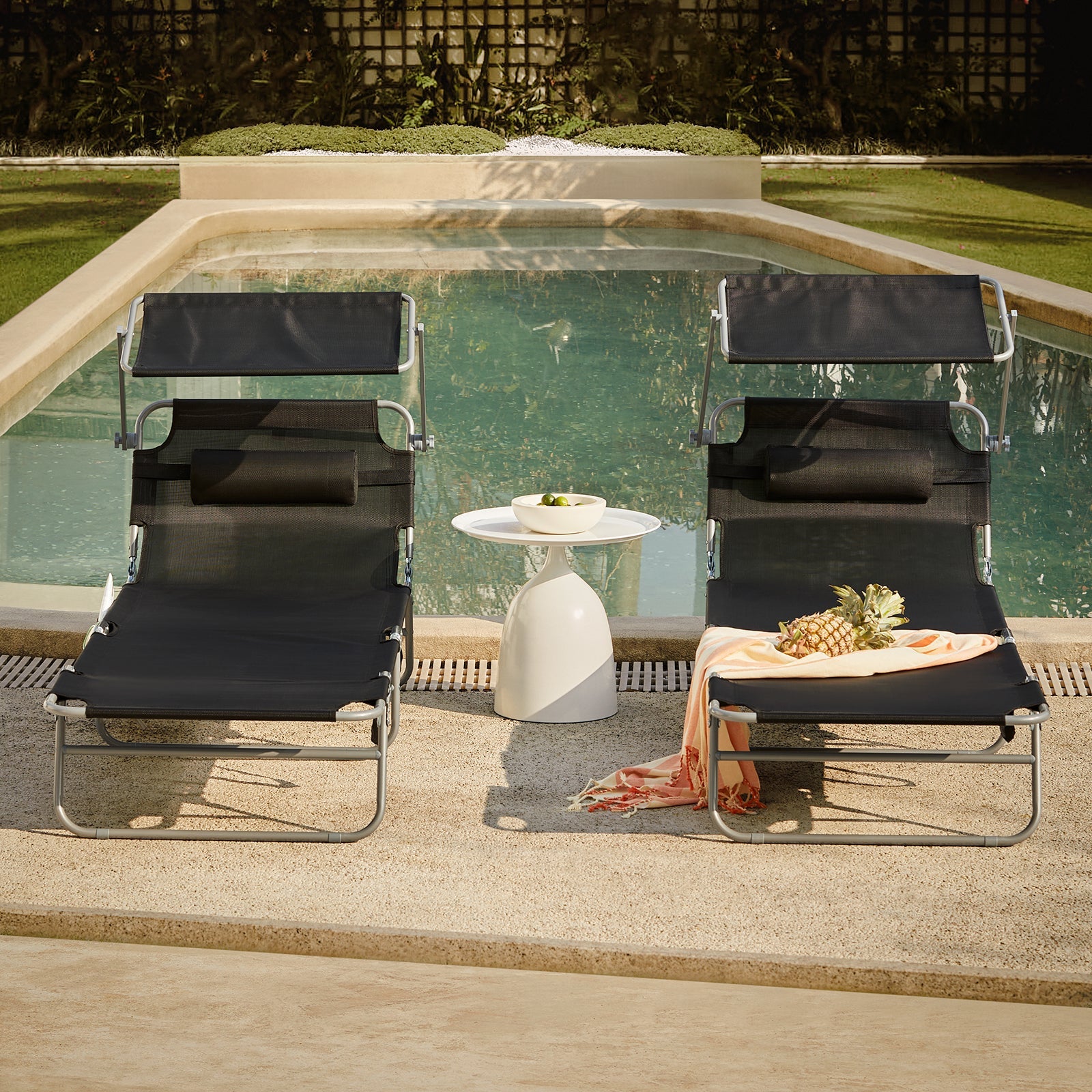 2 pezzi Lettino Prendisole Pieghevole Cuscino e Tettuccio Regolabile 4 Angoli di Reclinazione Nero OGS48-SCHx2