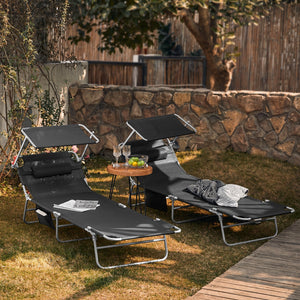 2 pezzi Lettino Prendisole Pieghevole Cuscino e Tettuccio Regolabile 4 Angoli di Reclinazione Nero OGS48-SCHx2