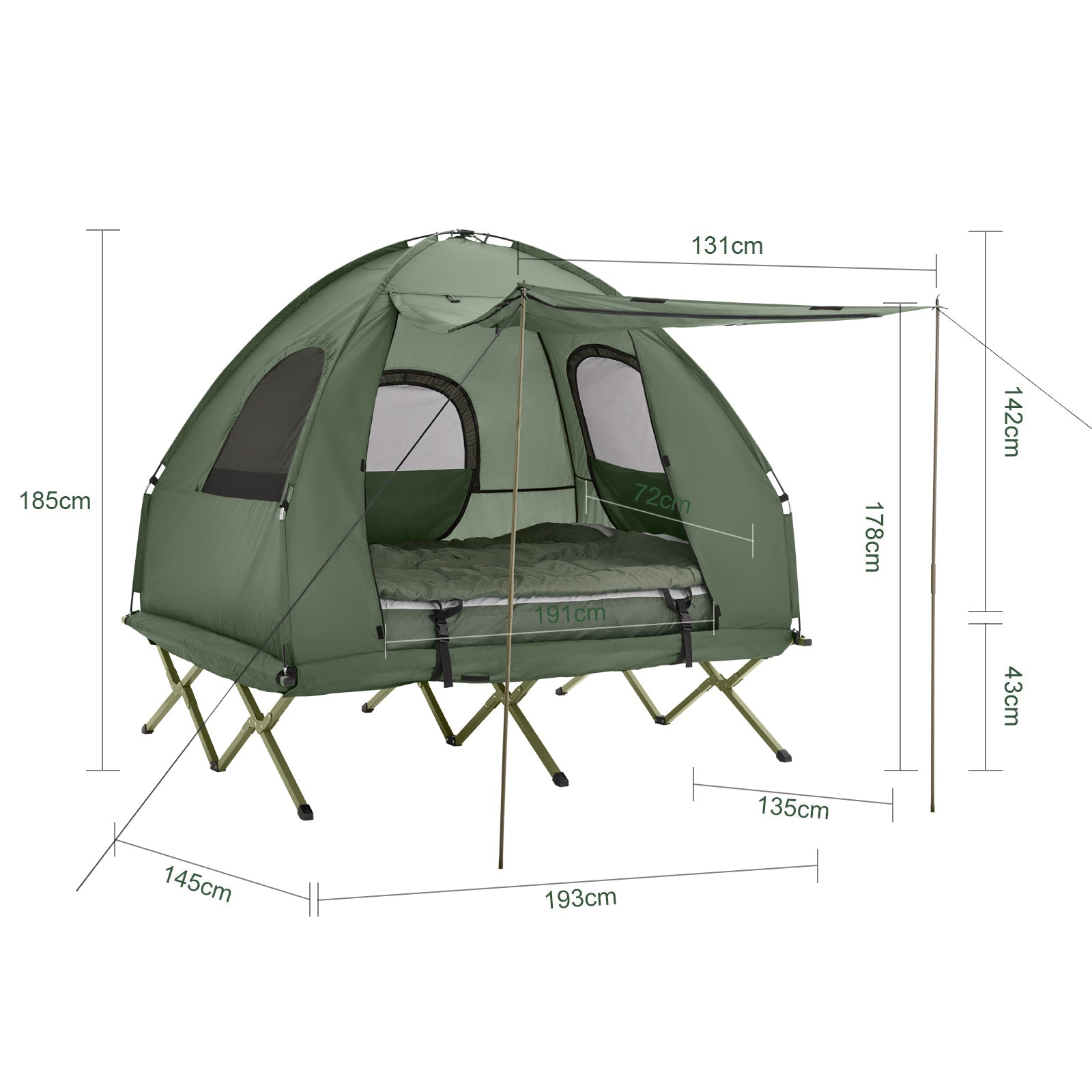 SoBuy Tenda da campeggio per 2 persone Letto a castello Tenda 4 in 1 con borsa di trasporto Brandina pieghevole campeggio Verde pratico 193 x 145 x 185 cm OGS61-L-GR