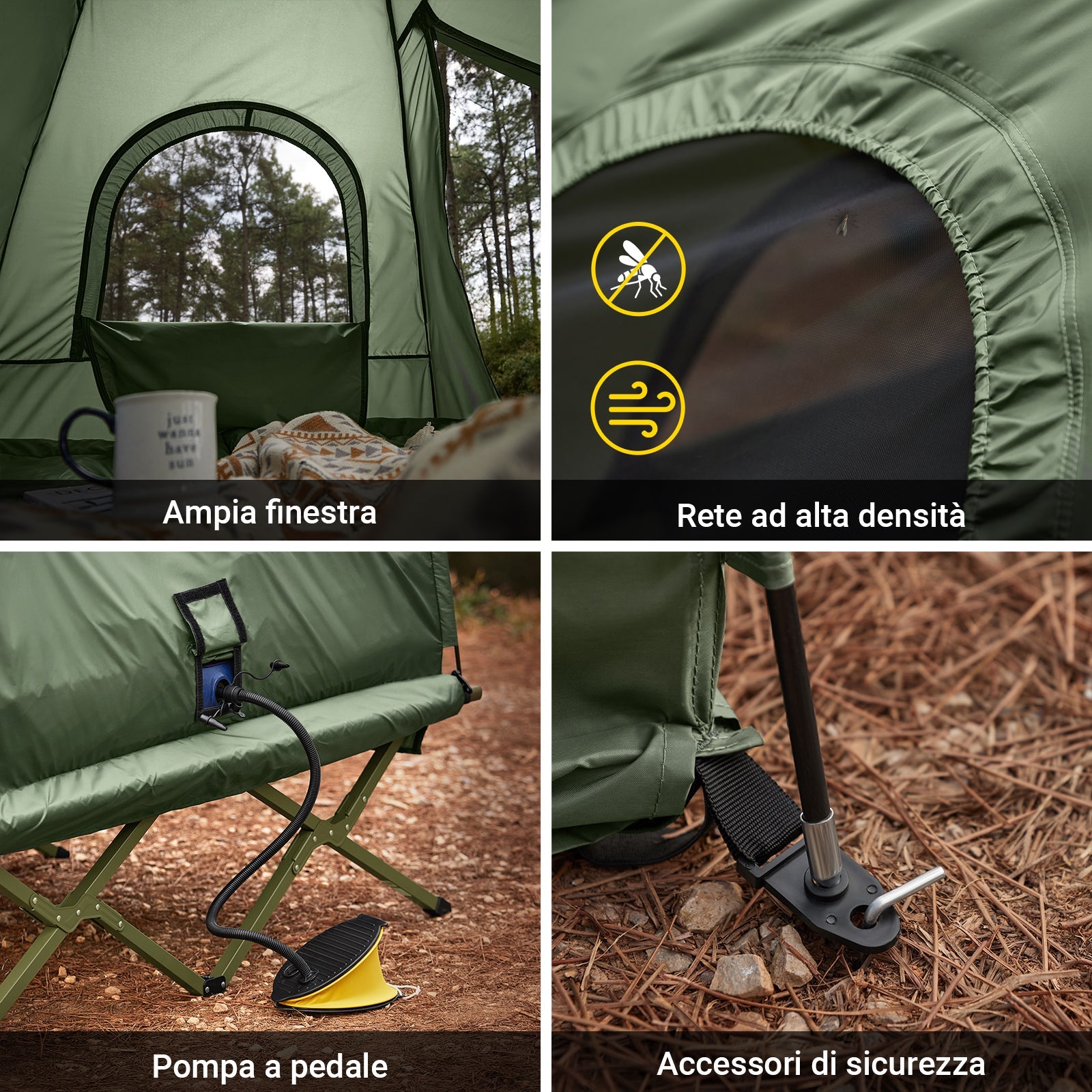 SoBuy Tenda da campeggio per 2 persone Letto a castello Tenda 4 in 1 con borsa di trasporto Brandina pieghevole campeggio Verde pratico 193 x 145 x 185 cm OGS61-L-GR