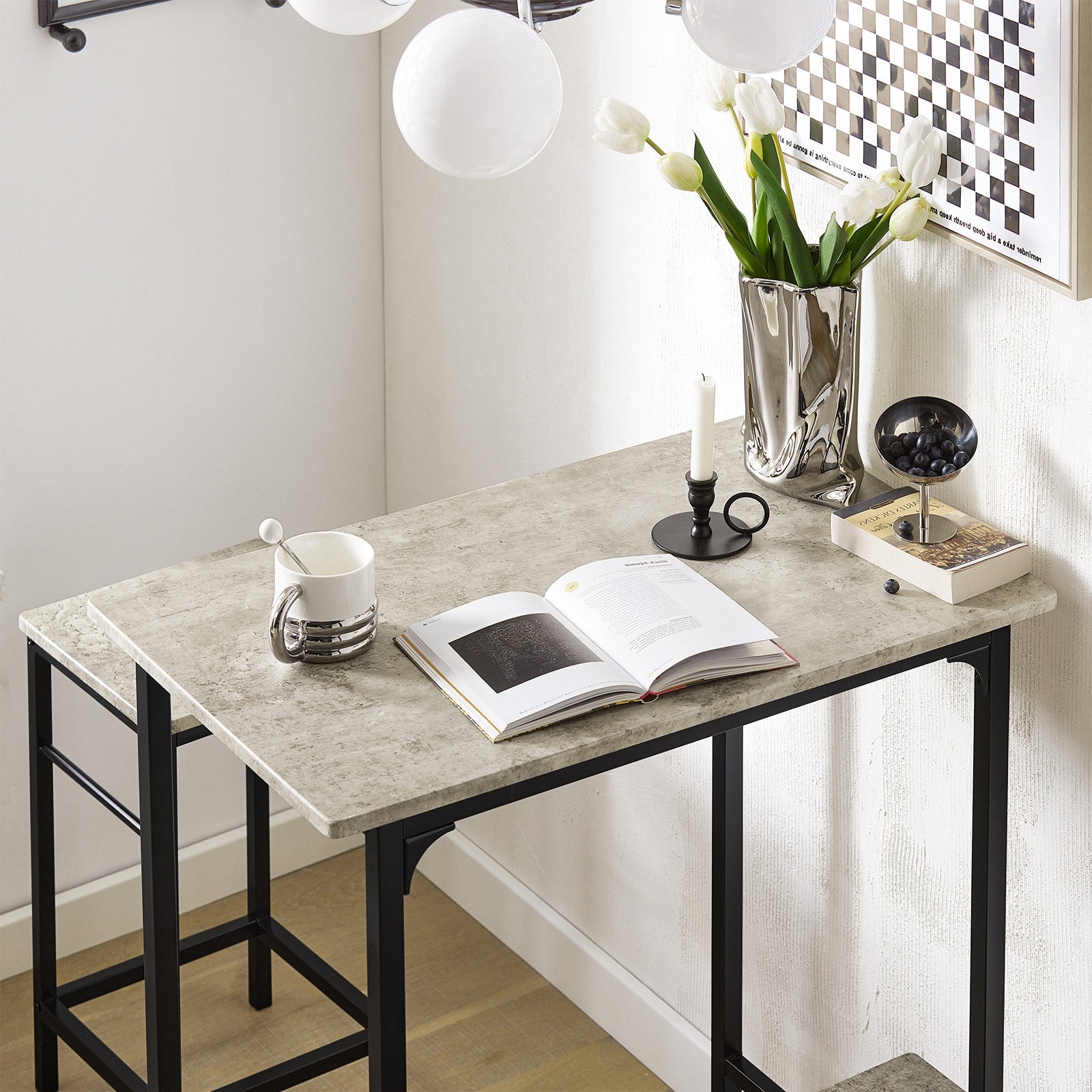 Set 3 Pezzi Tavolo con 2 sgabelli Mobile Bar per casa Stile Industriale Grigio, L80*P50*A88cm, Grigio OGT10-HG