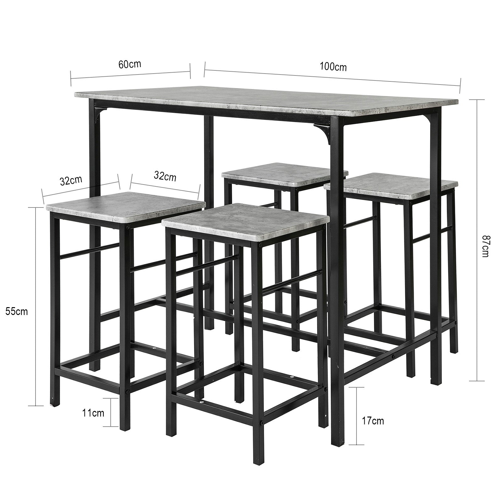 Set 5 Pezzi Tavolo con 4 sgabelli Mobile Bar per casa Stile Industriale L100*P60*A87 cm Grigio OGT11-HG