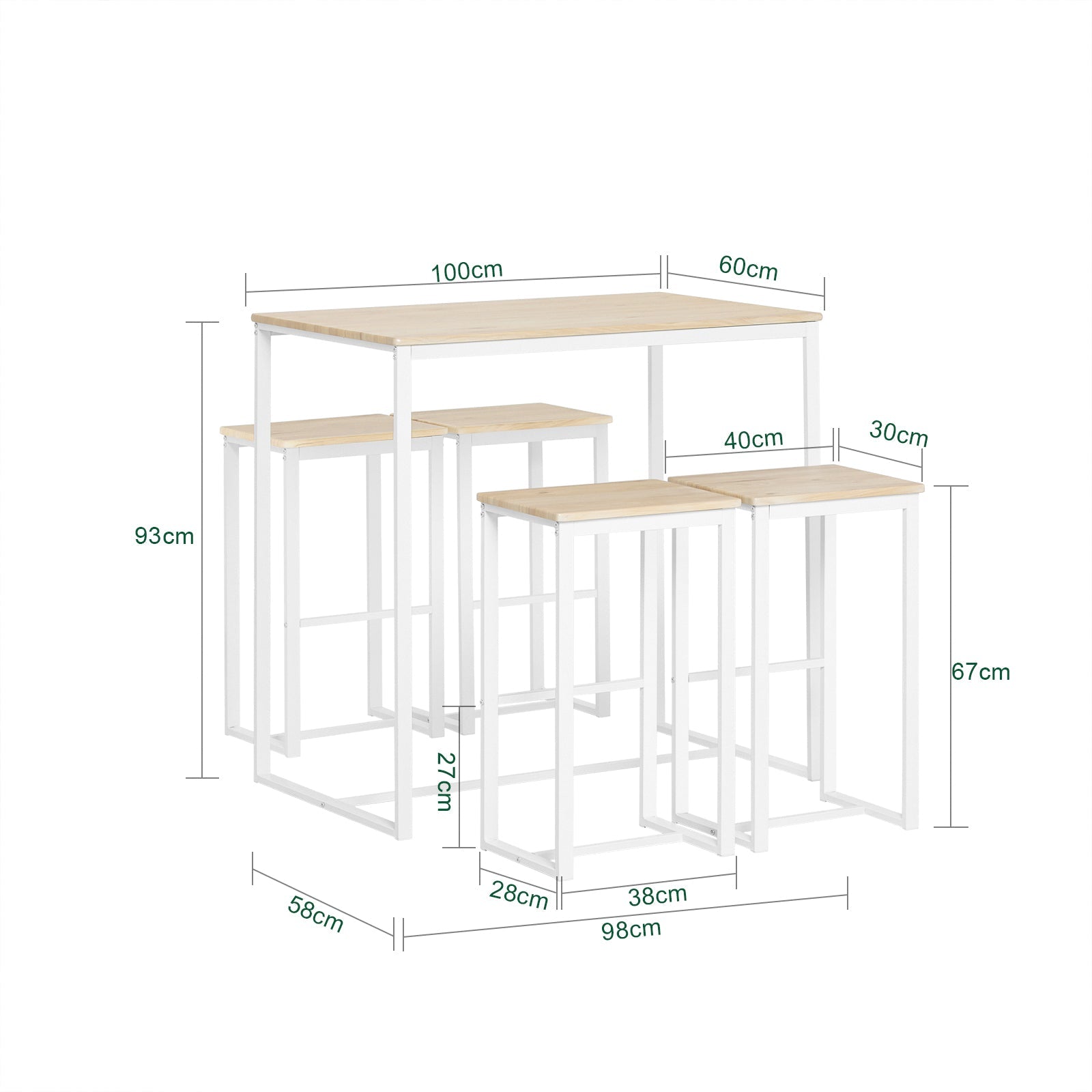 Set 5 Pezzi Tavolo con 4 sgabelli Mobile Bar per casa Stile Industriale L100*P60*A96cm Bianco OGT15-WN