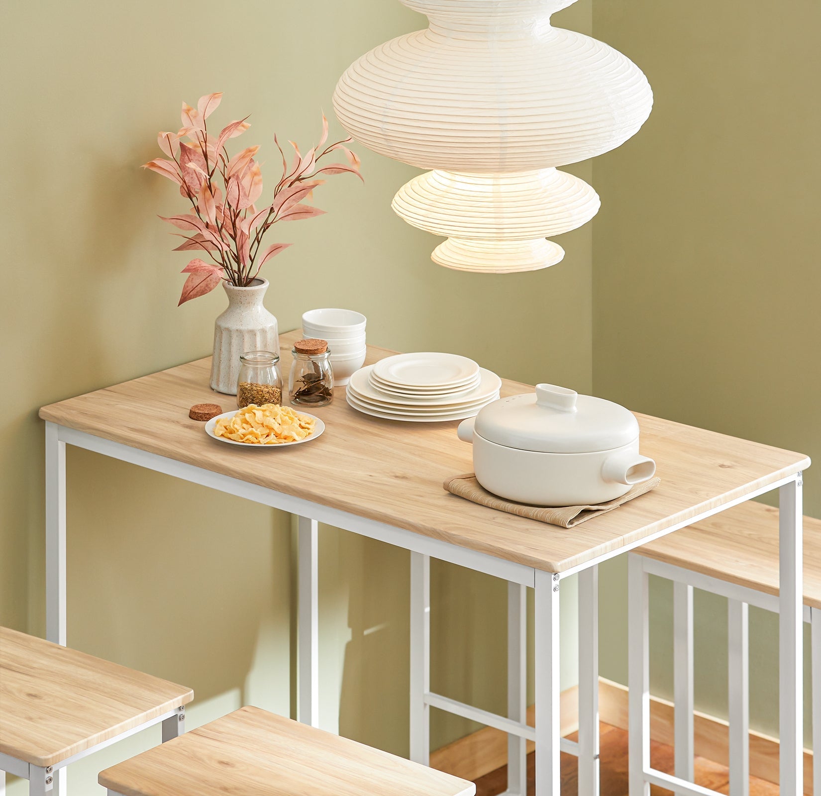 Set 5 Pezzi Tavolo con 4 sgabelli Mobile Bar per casa Stile Industriale L100*P60*A96cm Bianco OGT15-WN