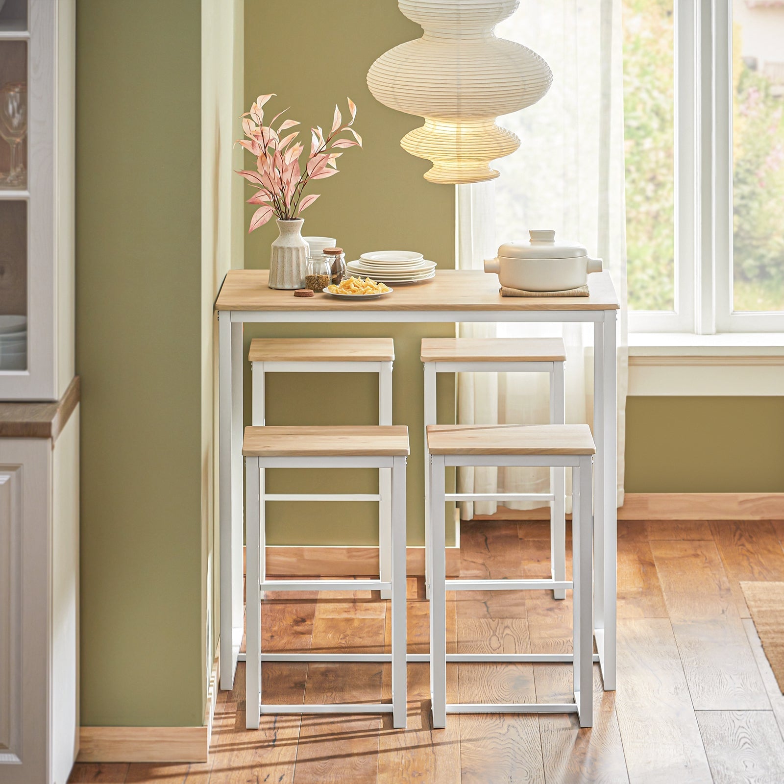 Set 5 Pezzi Tavolo con 4 sgabelli Mobile Bar per casa Stile Industriale L100*P60*A96cm Bianco OGT15-WN