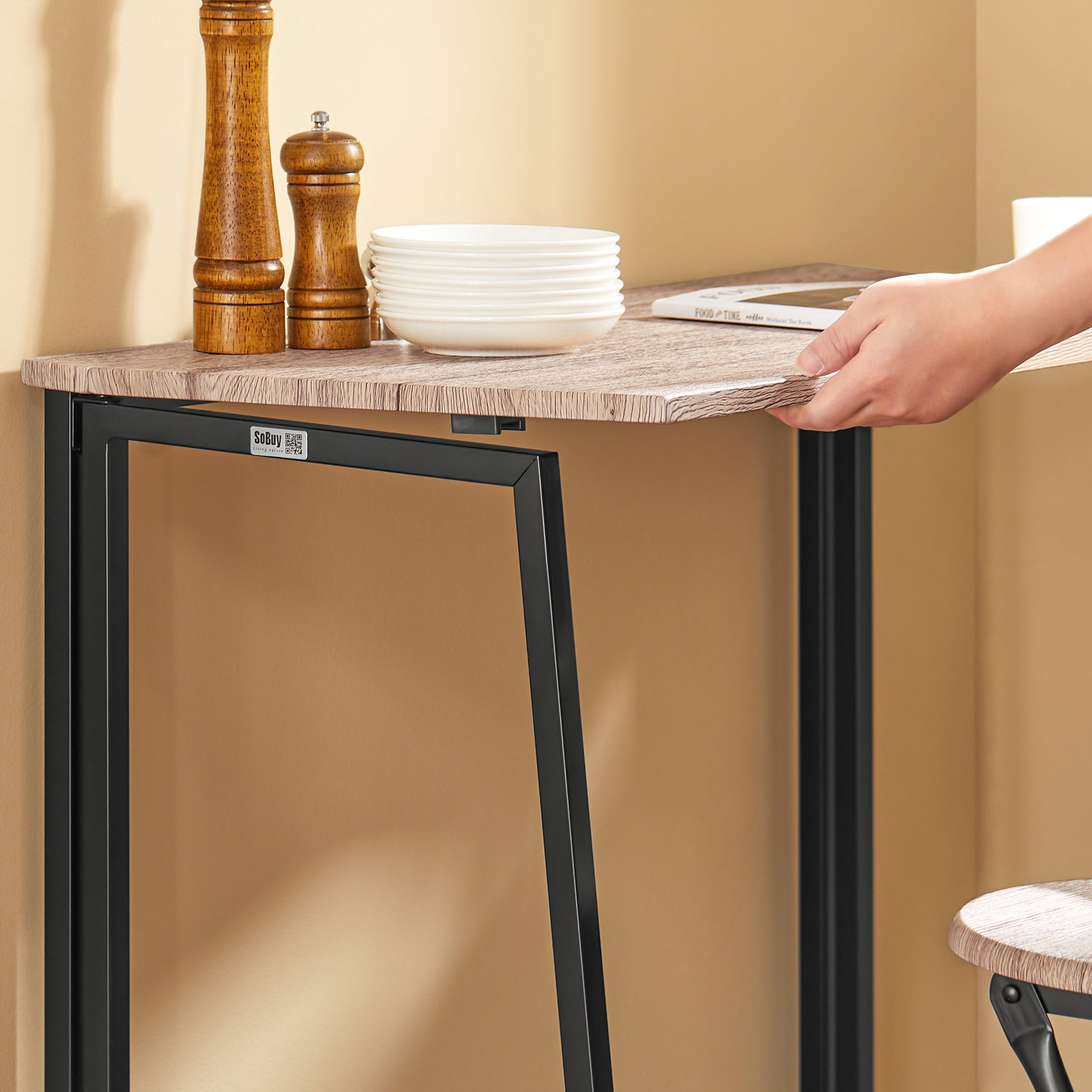 Tavolo Pieghevole con 2 sgabelli Pieghevole Tavolo salvaspazio in Legno e Ferro L90*P45*A74 cm Max Portata 150 kg OGT18-N