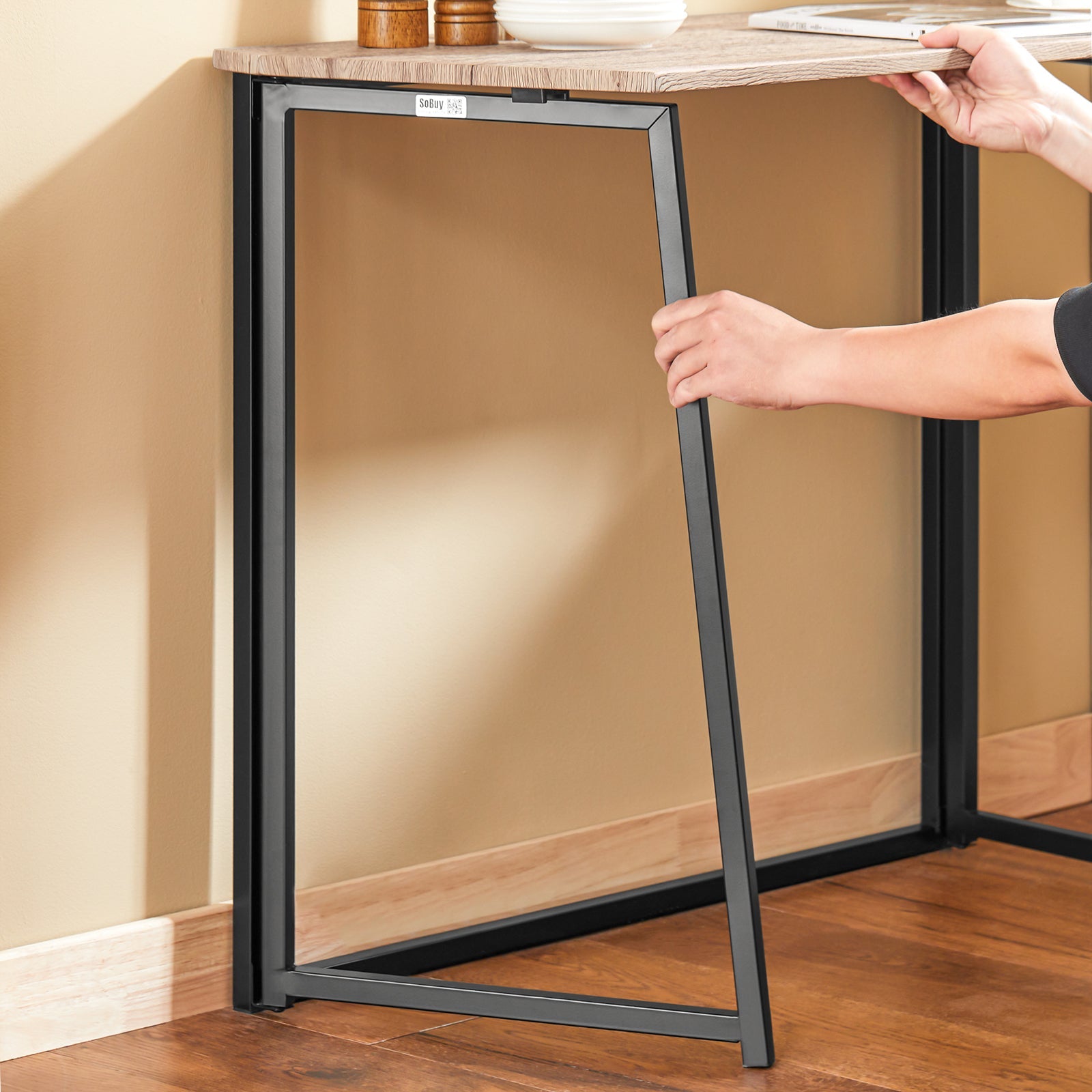 Tavolo Pieghevole con 2 sgabelli Pieghevole Tavolo salvaspazio in Legno e Ferro L90*P45*A74 cm Max Portata 150 kg OGT18-N