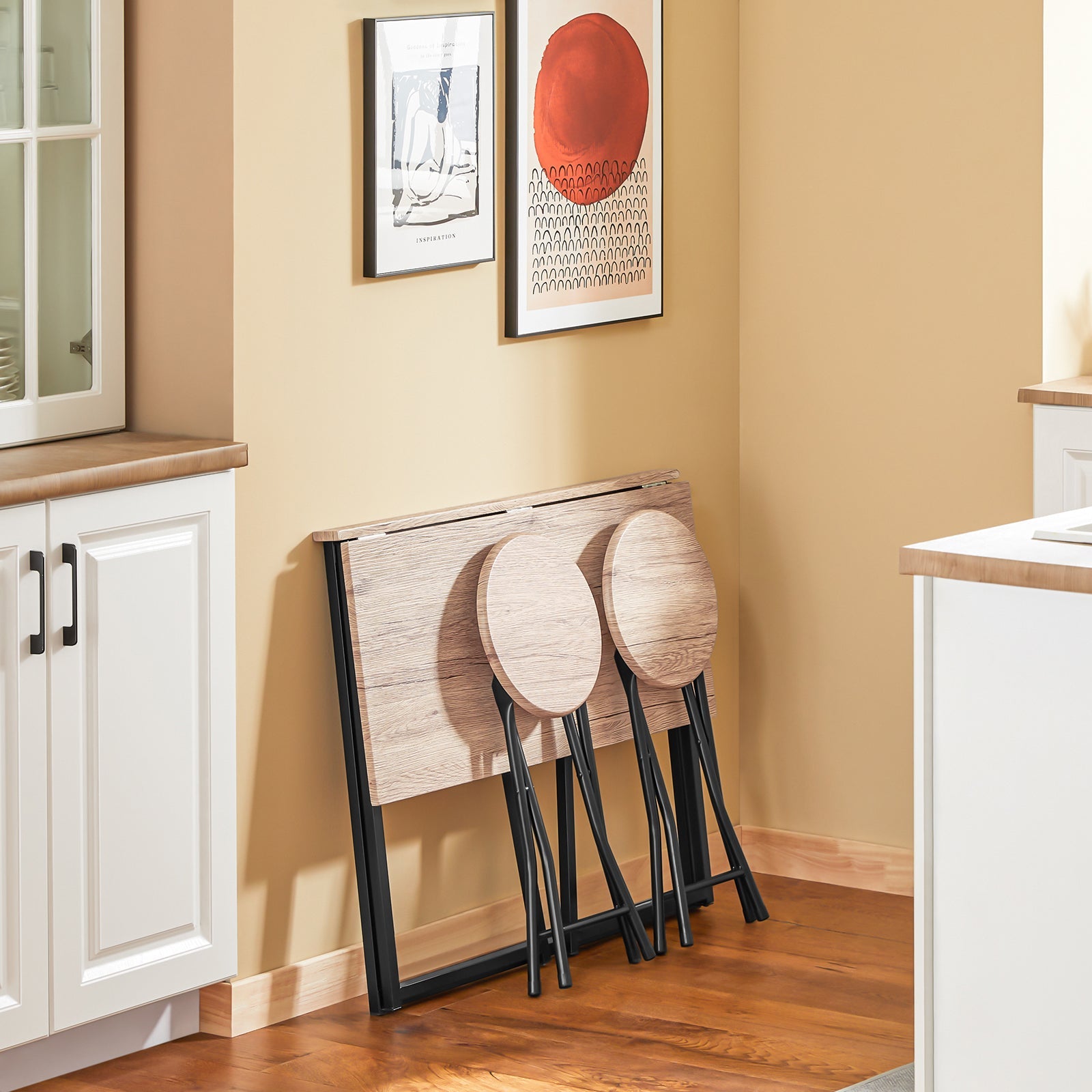 Tavolo Pieghevole con 2 sgabelli Pieghevole Tavolo salvaspazio in Legno e Ferro L90*P45*A74 cm Max Portata 150 kg OGT18-N