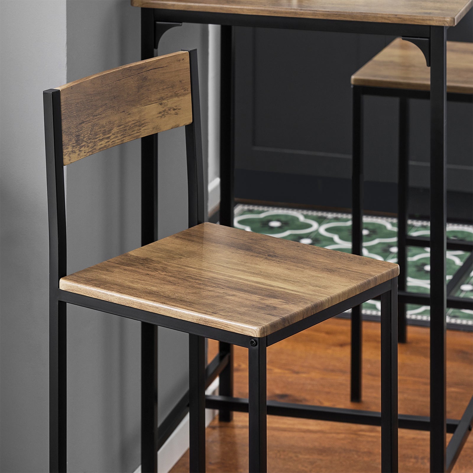 Set 3 Pezzi Tavolo con 2 sgabelli Mobile Bar per casa Stile Industriale, L60*P60*A97cm, Legno OGT27-N