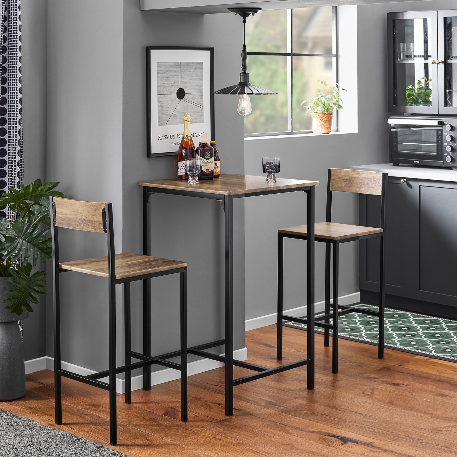 Set 3 Pezzi Tavolo con 2 sgabelli Mobile Bar per casa Stile Industriale, L60*P60*A97cm, Legno OGT27-N