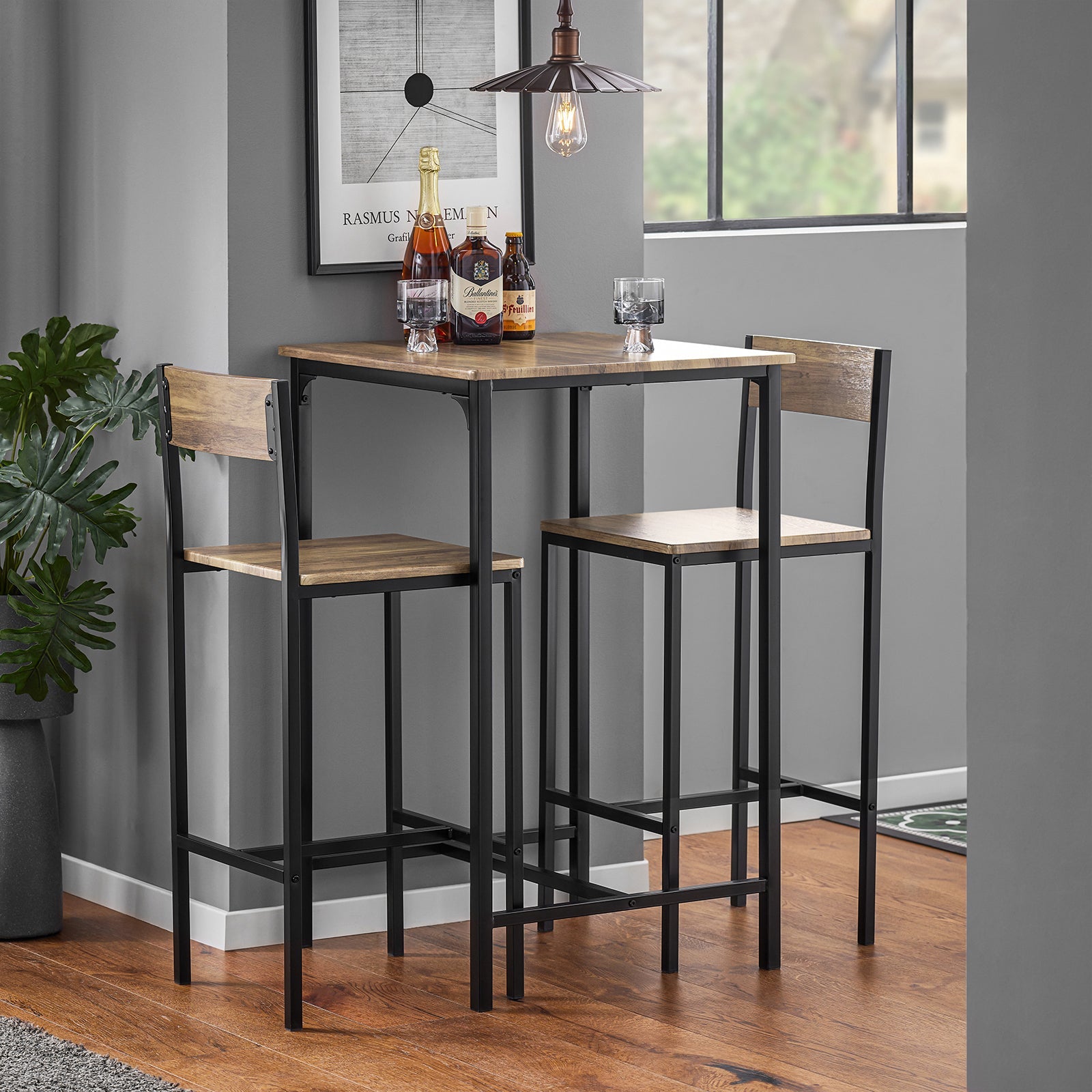 Set 3 Pezzi Tavolo con 2 sgabelli Mobile Bar per casa Stile Industriale, L60*P60*A97cm, Legno OGT27-N