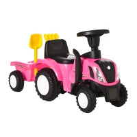 Trattore per Bambini Cavalcabile con Rimorchio, Rastrello e Pala, Gioco Educativo per Bimbi 12-36 Mesi, 91x29x44cm, Rosa
