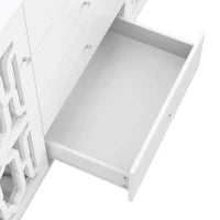 Credenza Specchiata con Maniglie a Cristallo,2 ante con ripiani mobili interni e 4 cassetti centrali,Bianco