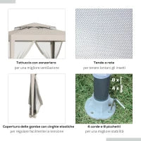 Gazebo da Giardino 3x3m con Zanzariera, Doppio Tetto e Telaio in Metallo, Beige