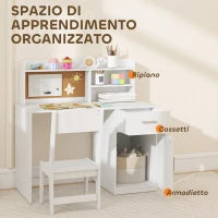 Scrivania per Bambini con Scaffali, Armadietto, Cassetto e Sedia per Bambini Abbinata in MDF Bianco