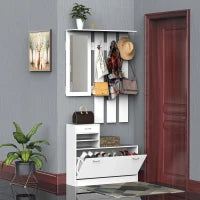 Set Mobili Ingresso Moderno con Scarpiera e Specchio, Appendiabiti da Ingresso con 6 Ganci, 2 Ripiani Regolabili e Cassetti in Legno per Corridoio, 90x24x177 cm, Bianco