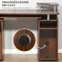 Scrivania per Computer Moderna Porta PC in Legno con Cassetti, Scrivania Salvaspazio Con Libreria, Mensola Estraibile e Porta Tastiera, 120x55x85cm, Marrone