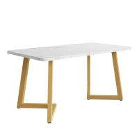 Tavolo da pranzo 117x68 cm, con effetto marmo e gambe in metallo, Versatile per sala da pranzo e soggiorno, Bianco+Oro