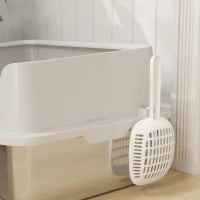 Lettiera per Gatti con Bordi Rialzati, Vassoio e Paletta, in Acciaio Inox e PP, 60x40x28 cm, Grigio Chiaro