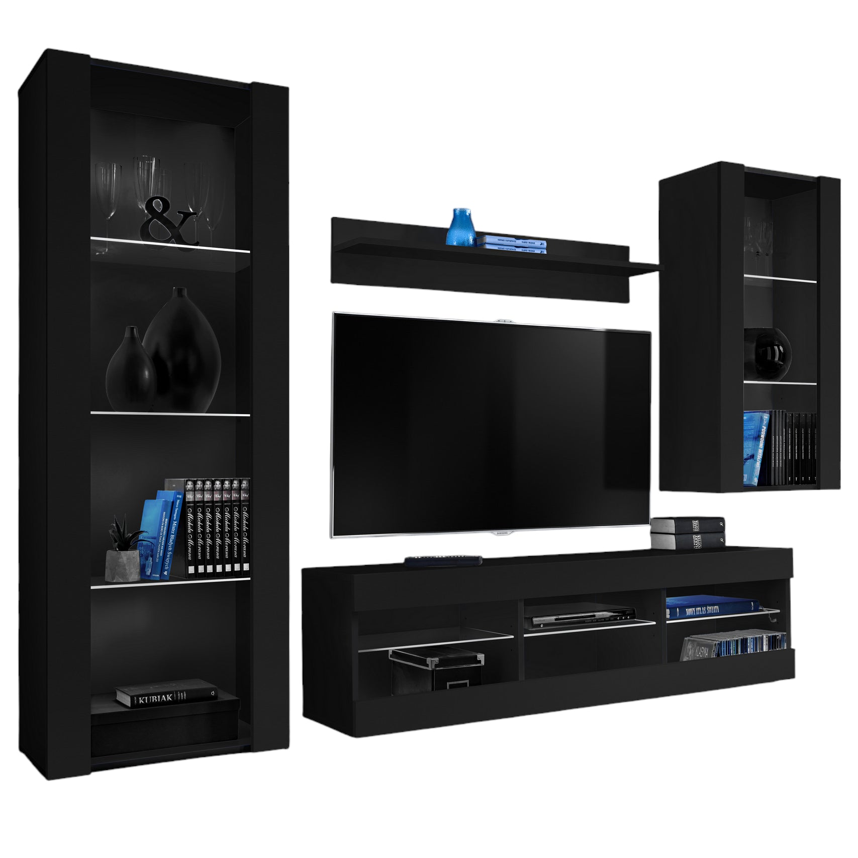 Set Di Mobili Porta TV Tivoli Medio, Komodee, Nero/Nero, Senza LED, Larghezza 245 cm x Altezza 159 cm x Profondità 35 cm, Per soggiorno, Camera da letto