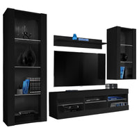 Set Di Mobili Porta TV Tivoli Medio, Komodee, Nero/Nero, Senza LED, Larghezza 245 cm x Altezza 159 cm x Profondità 35 cm, Per soggiorno, Camera da letto