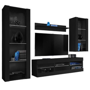 Set Di Mobili Porta TV Tivoli Medio, Komodee, Nero/Nero, Senza LED, Larghezza 245 cm x Altezza 159 cm x Profondità 35 cm, Per soggiorno, Camera da letto