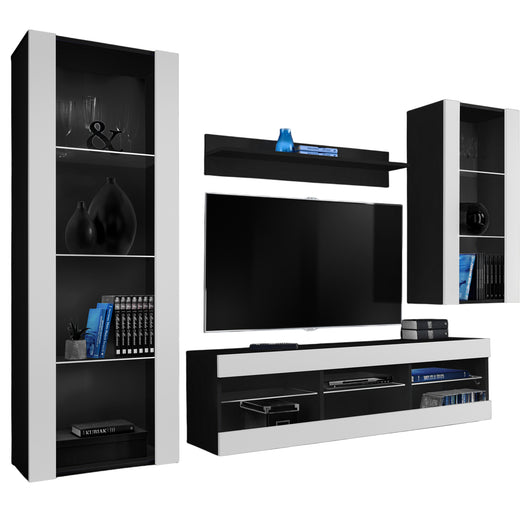 Set Di Mobili Porta TV Tivoli Medio, Komodee, Nero/Bianco, Senza LED, Larghezza 245 cm x Altezza 159 cm x Profondità 35 cm, Per soggiorno, Camera da letto