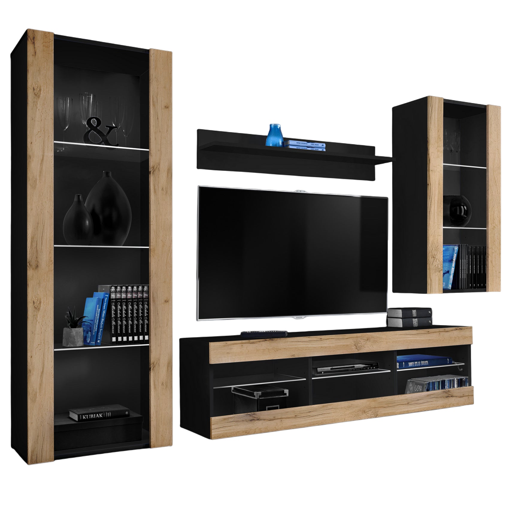 Set Di Mobili Porta TV Tivoli Medio, Komodee, Nero/Wotan, Senza LED, Larghezza 245 cm x Altezza 159 cm x Profondità 35 cm, Per soggiorno, Camera da letto