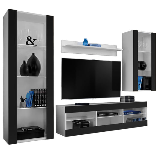 Set Di Mobili Porta TV Tivoli Medio, Komodee, Bianco/Nero, Senza LED, Larghezza 245 cm x Altezza 159 cm x Profondità 35 cm, Per soggiorno, Camera da letto