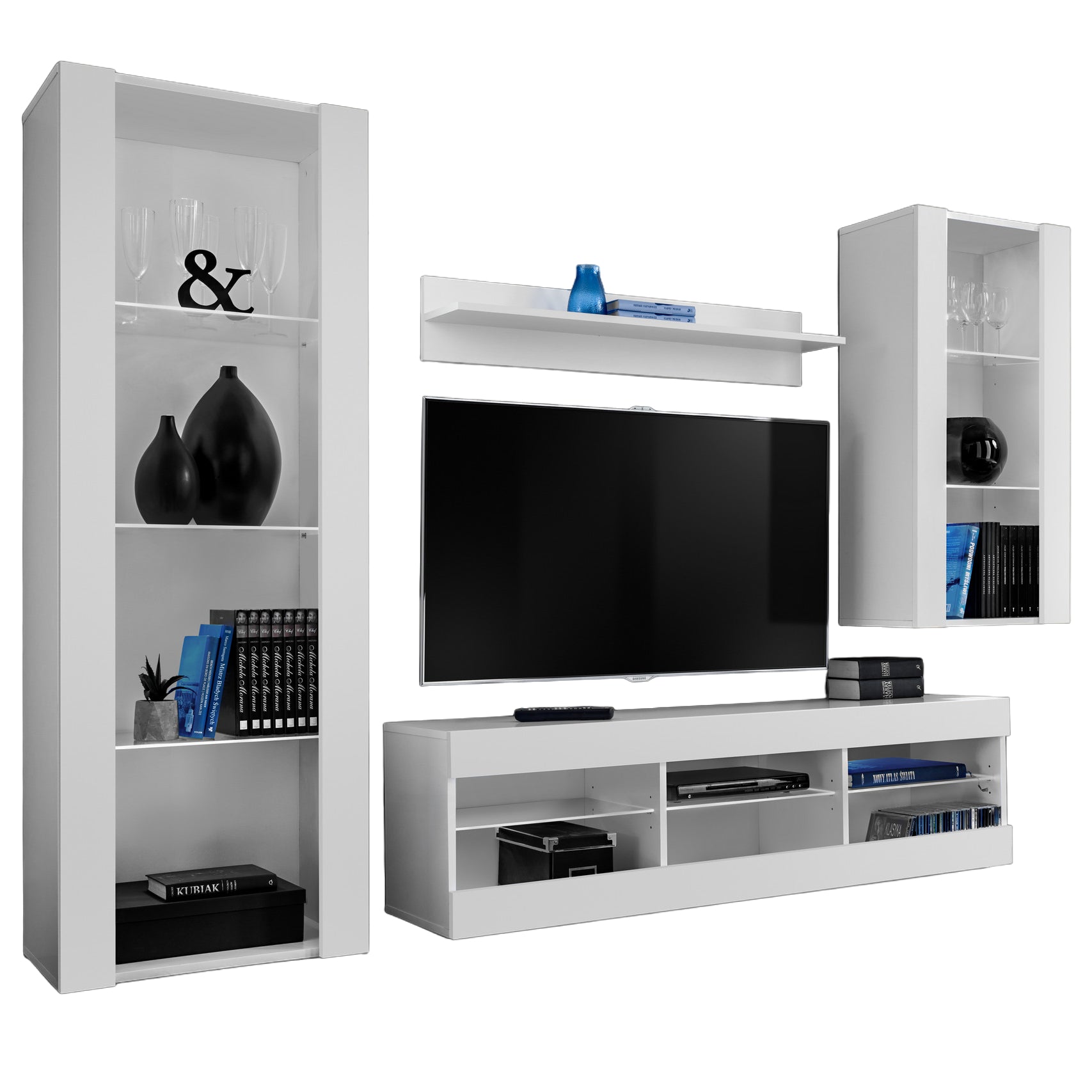 Set Di Mobili Porta TV Tivoli Medio, Komodee, Bianco/Bianco, Senza LED, Larghezza 245 cm x Altezza 159 cm x Profondità 35 cm, Per soggiorno, Camera da letto