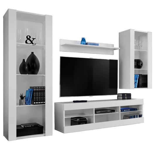 Set Di Mobili Porta TV Tivoli Medio, Komodee, Bianco/Bianco, Senza LED, Larghezza 245 cm x Altezza 159 cm x Profondità 35 cm, Per soggiorno, Camera da letto
